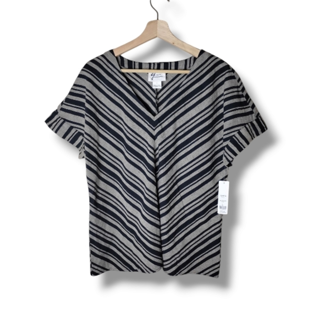 Andrea Jovine Linen-Cotton Top Black & Tan Size L NWT